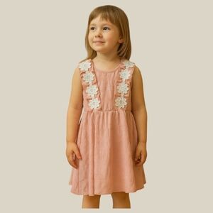 Kid's White Crochet Floral Pink Sundress Summer Lightweight Dress Youth Girl 7-8